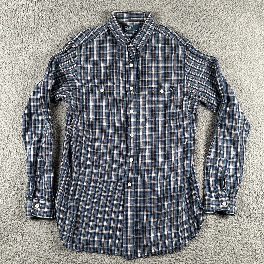 Polo Ralph Lauren Shirt Mens Medium Plaid Button Up Linen Cotton Long Sleeve